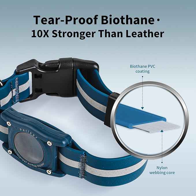 PetIsay AirTag Dog Collar with Built-in Holder – IP68 Waterproof Biothane Dog Collar, Reflective, Odor-Proof, Adjustable Heavy-Duty Tracking Collar for Dogs, Secure AirTag Holder(Blue, S)