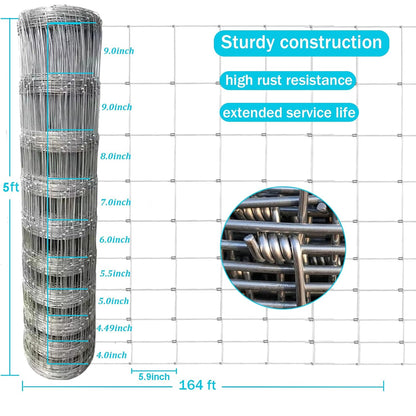 Farm Fence 5x164FT, Galvanized Wire Fencing, Zinc Coated Cattle Fences Used to Hog Goat Fencing for Yard Garden and Field