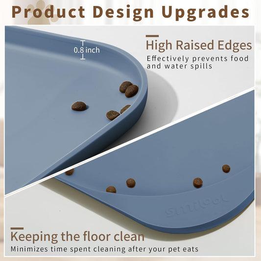 Silicone Pet Feeding Mat with Raised Edge & Residue Collection Pocket for Food and Water, Dog Bowl Mats, Cat Bowls Placemat with High Lip for Floor Waterproof, 24 x 16 x 0.8 Slate Blue