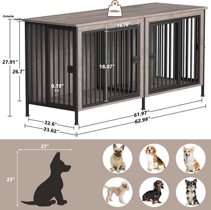 EasyCom 63" Dog Cage Furniture for 2 Pets with Divider, XL Wooden Double Dog Crate Furniture TV Stand for Mideum Breed, Durable and Sturdy