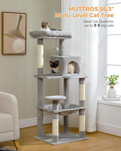 Cat Tree for Large Cats Adult with Metal Plush Big Hammock, 56.3" Cat Tower with 2 Door Condo House, 6-Tier Cat Shelves with Scratching Posts and Large Top Perch, Gray
