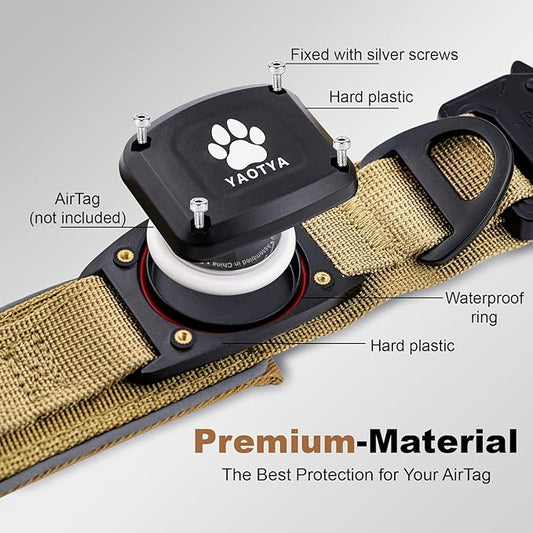 2026 Upgrade Dog Collar with IPX8 Waterproof AirTag Holder,Military Tactical Comfortable Control Handle and Ultra-Durable Metal Buckle/Night Reflective,GPS Collar for Medium to Large Dogs（Khaki/XL）