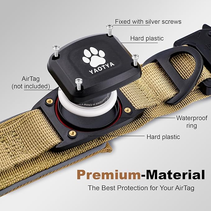 2026 Upgrade Dog Collar with IPX8 Waterproof AirTag Holder,Military Tactical Comfortable Control Handle and Ultra-Durable Metal Buckle/Night Reflective,GPS Collar for Medium to Large Dogs（Khaki/M）