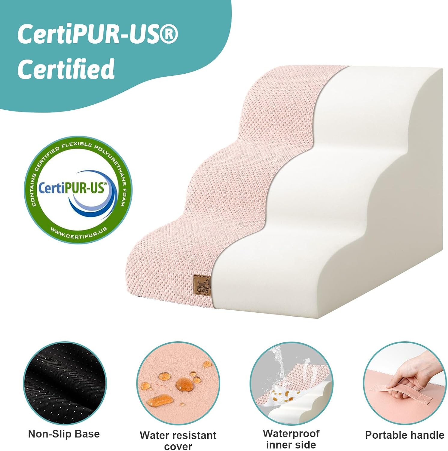Dog Stairs for Small Dogs 15.7" H, Curved Dog Step for Puppy, Older Cat, Medium Pet Ramp for Sofa, Couch or Bed, Ladder with High Density Foam, 15.7x22.4x15.7 inch, 3 Step, Pink - Pawvie