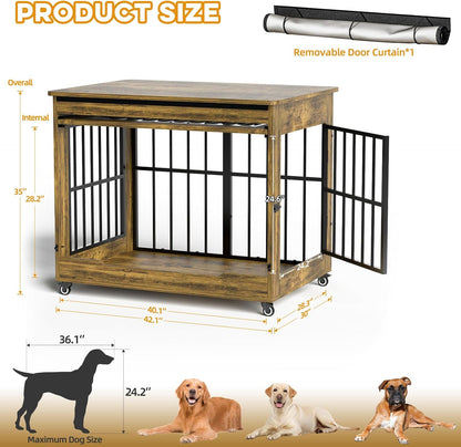 42" Large Dog Crate Furniture, Double Door Wooden Indoor Dog Kennel Furniture, Decorative Pet Cage End Table with Wheels for Large Breed Dogs, Size XL, Rustic Brown