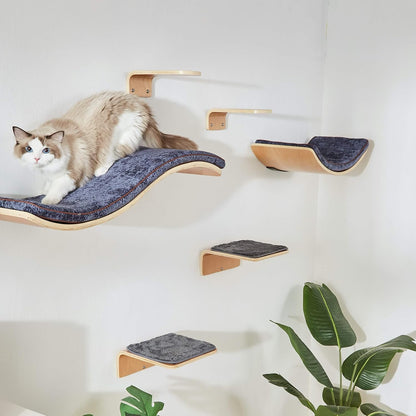Cat Wall Shelf with Two Steps - Curved Cat Shelves and Perches for Wall (Large Size) - Wall Mounted Cats Furniture for Sleeping, Playing, Climbing, and Lounging