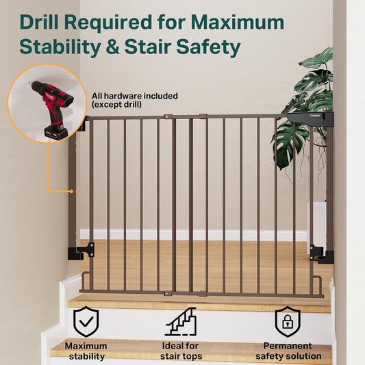 Cumbor 29.2-43" No Bottom Bar Baby Gate for Stairs, 2-in-1 Hardware Mounted Dog Gate Indoor, Pet Gate for Doorways with Large Walk Thru Door, Child-Proof Safety Gate for Top & Bottom of Stairs (Brown)