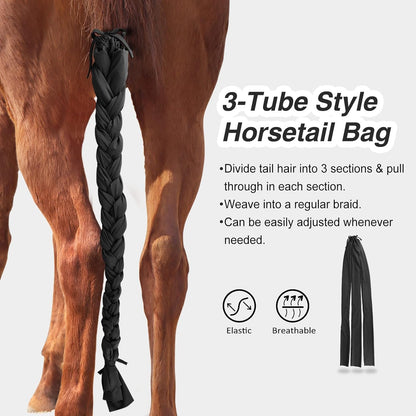 Harrison Howard 3 Tube Stretchy Fabrics Adjustable Closure Lightweight Horse Tail Bag for Horses Braid-in Tail Bag