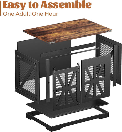 VOPEAK 43.3" XL Dog Crate Furniture, Chew Resistant Dog Crate for Medium Large Dogs, Heavy Duty Extra Large Dog Crate Dog Kennel Indoor with Double Doors, Wooden End Table for Living Room, Black
