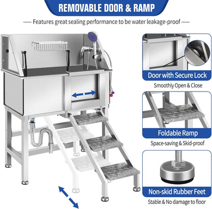 Professional Stainless Steel Dog Bathing Station, Dog Grooming Tub, with Stairs, Floor Grate & Faucet for Dog Bathtub for Large, Medium & Small Pets,34" R-RAMP
