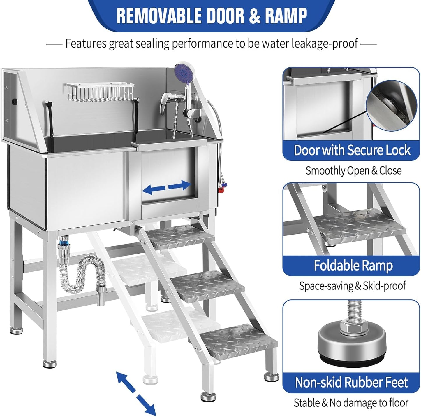 Stainless Steel Dog Washing Station, Pet Grooming Tub W/Storage Stairs, Faucet & Showerhead & Soap Holder Dog Bathtub for Large & Medium & Small Pets,34" R-RAMP