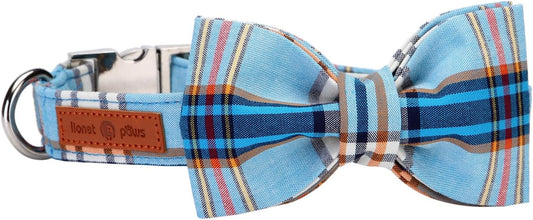 Lionet Paws Boy Dog Collar with Bowtie, Comfortable Adjustable Cute Blue Plaid Bow Tie Collar for Male Dogs Gift, Large, Neck 16-24 inches