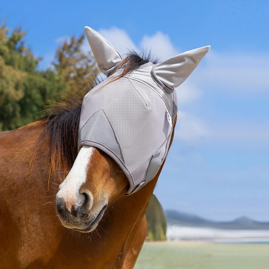 Horse Fly Mask, Adjustable Fly Masks for Horses with Ears, UV Protection from Insect Pests Comfort Mesh Without Nose Average Size Horses Accessories(Medium)