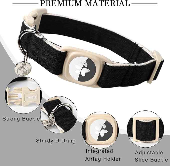 DOGWONG Airtag Cotton Hemp Dog Collar, Heavy-Duty Dog Collar with Airtag Holder Black Natural Fabric Pet Cute Puppy Necklace for Small Medium Large Dogs