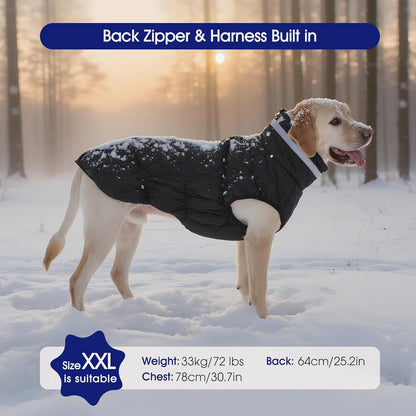 FUAMEY Dog Coat for Large Dogs,Waterproof Dog Winter Jacket with Harness Built in Puppy Cold Weather Coats Reflective Pet Vest with Zipper Warm Fleece Dogs Snowsuit Windproof Solid Black L