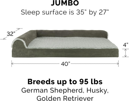 Furhaven Cooling Gel Dog Bed for Large Dogs w/ Removable Bolsters & Washable Cover, For Dogs Up to 95 lbs - Two-Tone Plush Faux Fur & Suede L Shaped Chaise - Dark Sage, Jumbo/XL