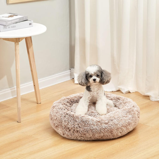Bedfolks Calming Donut Dog Bed, 23 Inches Round Fluffy Dog Beds for Small Dogs, Machine Washable Anti-Anxiety Plush Puppy Bed(Brown, Small)