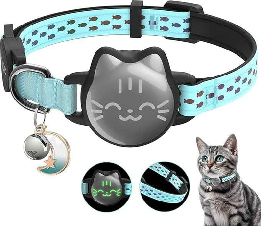Waterproof Airtag Cat Collar, Breakaway Cat Airtag Collar with Luminous & Reflective Pattern Strap, Lightweight Kitten Collars for Apple Air tag, Hidden Holder for GPS Tracker - Cats, Kittens (9-13")