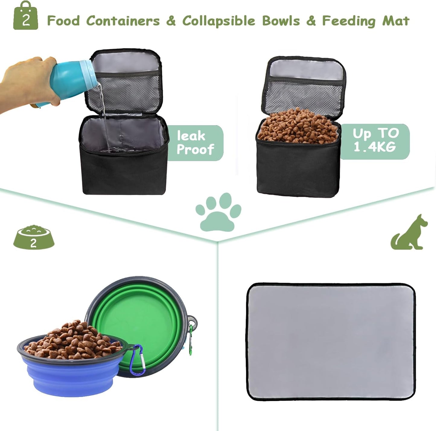WOLT Dog Travel Bag Dog Bag for Traveling and Supplies with 2 Collapsible Bowls, 2 Food Containers, 1 Place Mat, Black - Pawvie
