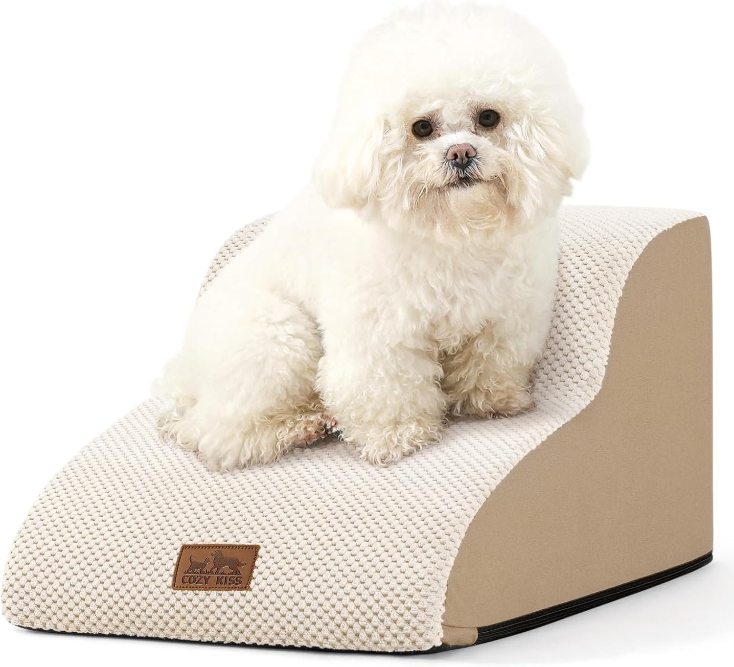 Dog Stairs for Small Dogs 11.8" H, Pet Step with Leakproof Cover, High Density Foam Cat Ramp for Chair or Sofa, Lightweight, Durable, Comfort, 15.7x19.7x11.8 inch, 2 Tiers, Beige - Pawvie