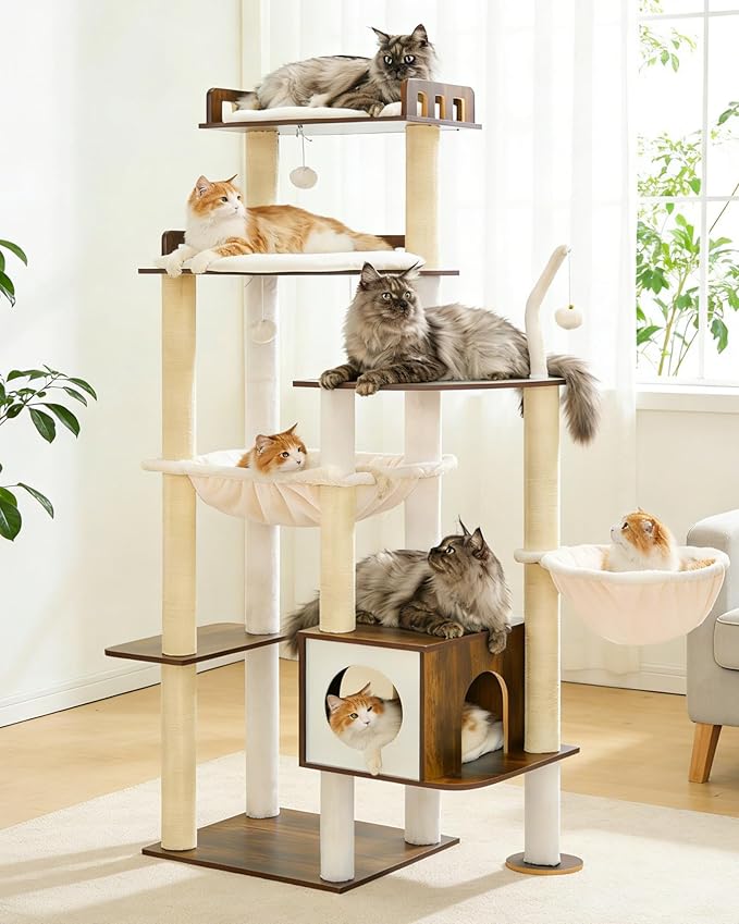 Heybly Cat Tree, 70.5 Inch Wood Tall Cat Tower for Large Indoor Cats with Extra Stable Structure, Modern Cat Furniture with All-Sisal Scratching Posts, Cat Condo & Hammocks, Rustic Brown HCT121SR