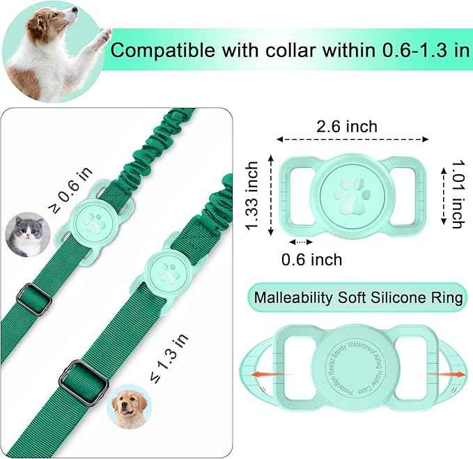SANKALA Airtag Dog Collar Holder, [1 Pack] Waterproof Dog Airtag Holder, Silicone Full Body Covered Anti-Lost Protective Apple Air Tag Holder for Pet Collar - Fits All Width Collars, Light Green