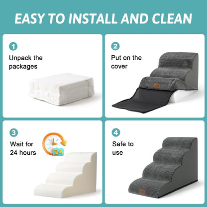 Dog Stairs for Small Dogs 15.7" H, Curved Dog Step for Puppy, Older Cat, Medium Pet Ramp for Sofa, Couch or Chair, Ladder with High Density Foam, 15.7x22.4x15.7 inch, 3 Step, Dark Grey - Pawvie