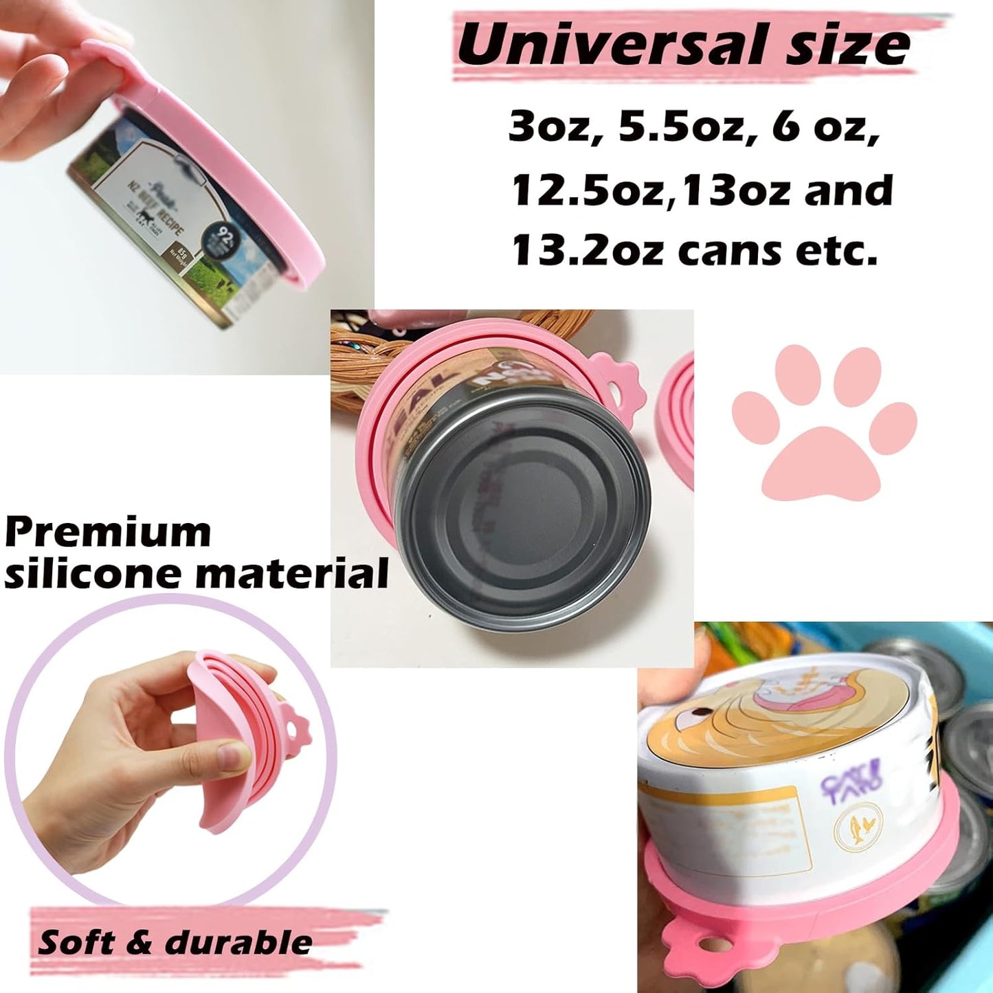 3 Pcs Pet Food Can Lids & One Can Spoon | Cute Paw Shape Opener Spatula Cat Wet Food Spoon | Universal BPA Free Silicone Can Spoon & Covers for Dog Cat Cans(Pink)