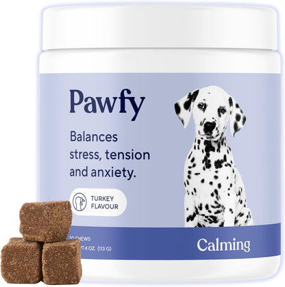 Pawfy Calming Chews for Dogs | Natural Dog Calming Chews - Supports Relaxation and Calm Behavior | Helps with Thunder, Separation, Chewing & Barking | Soothing Aid for Fireworks - 30 Turkey Treats