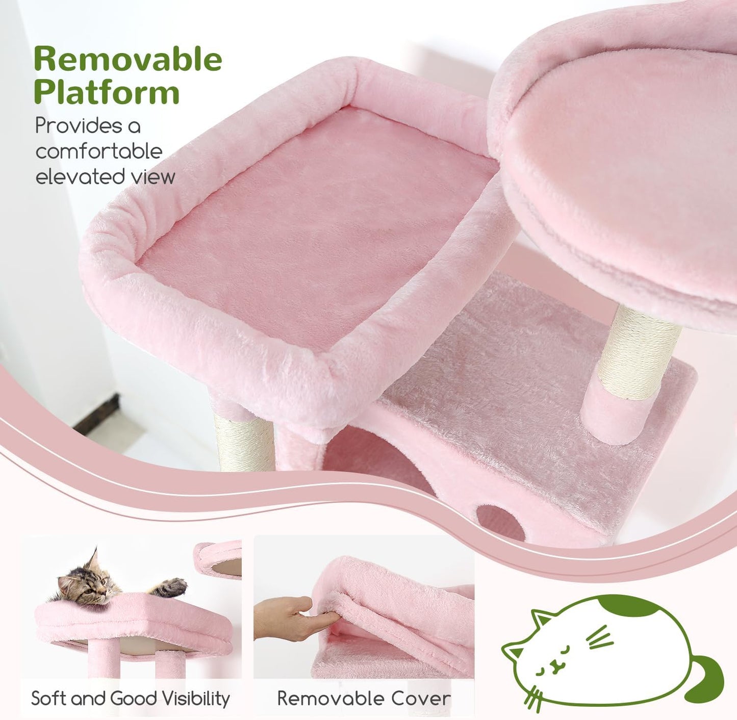 Globlazer Pink Cat Tree, 70 inch Tall Scratching Tower Multi-Level Cat Condo for Indoor Multiple Cats with 2 Large Cat Caves, Top Perch, Large Platform, Bottom Swing, F70B, Pink