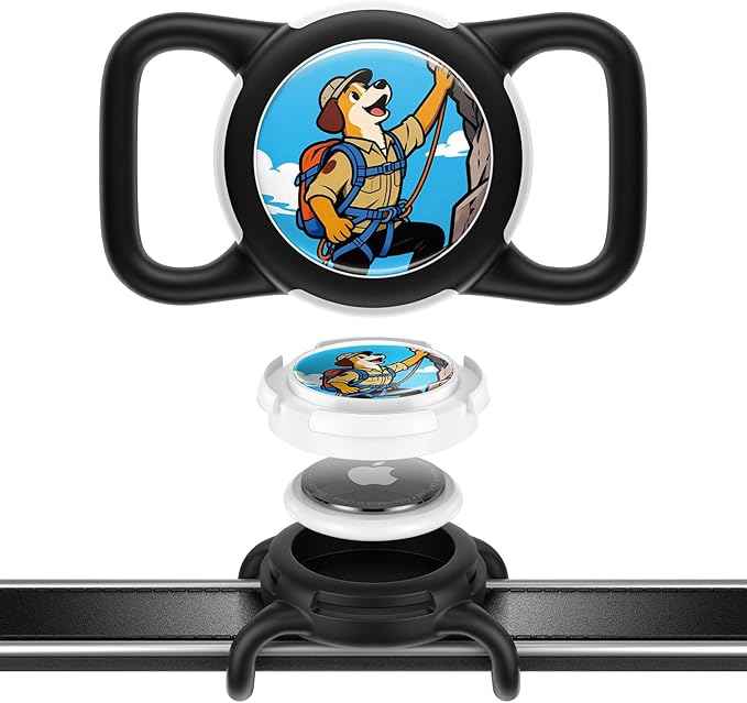 Dog AirTag Holder for Dog Collar, Soft Silicone Slide-On Case for Apple AirTag, No-Dangle Quiet Protective Holder with Eye-Catching Pet Character Designs, Black-Summit Explorer