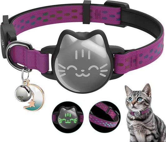 Waterproof Airtag Cat Collar, Breakaway Cat Airtag Collar with Luminous & Reflective Pattern Strap, Lightweight Kitten Collars for Apple Air tag, Hidden Holder for GPS Tracker - Cats, Kittens (9-13")