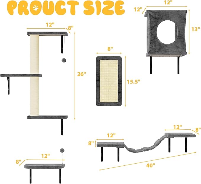10-in-1 Cat Wall Shelves, Wooden Cat Climbing Wall with Scratching Post, Cat Wall Mounted Furniture for Climbers, Space-Saving Cat Wall for Play & Rest, Drywall & Solid Walls