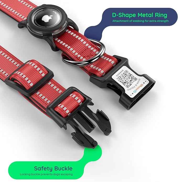 Dog Collar with QR Code, Reflective Dog Collar, Soft Neoprene Padded & Safety Locking Buckle Adjustable Pet Collar (Red, M-with Airtag Holder)