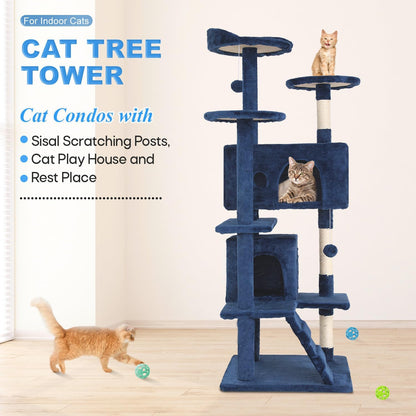 FDW Cat Tree 54in Cat Tower Multi-Level Durable Cat Scratching Post & Cozy Fun Cat Jumping Platform Space Saving Cat Condo Pet Play House for Indoor Cats,Navy Blue