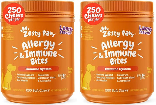 Zesty Paws Dog Allergy Relief Chews, Dog Probiotics for Itchy Skin and Ears, Lamb, 250ct (Pack of 2)