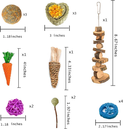 Grddaef 18 PCS Bunny Toys, Rabbit Toys Guinea Pig Toy Natural Apple Wood Grass Timothy Sticks Chew and Treat for Guinea Pigs Hamster Chinchillas