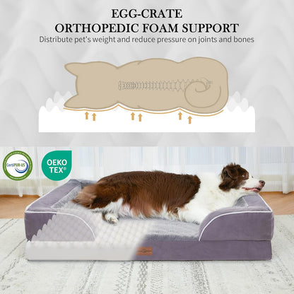 Comfort Expression Waterproof XL Dog Bed Orthopedic Foam Dogs Beds, Extra Large Dogs Bed with Bolster, Washable Dog Sofa Pet Beds with Removable Cover & Non-Slip Bottom(X-Large,Purple)