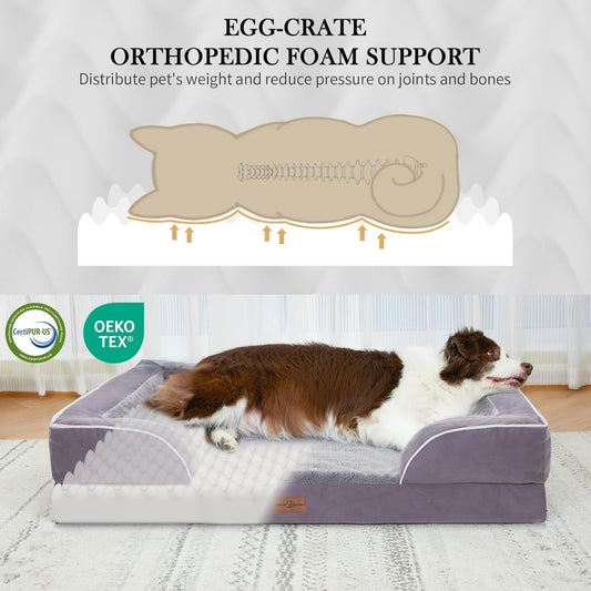 Comfort Expression Large Dog Beds Waterproof Orthopedic Foam Dog Sofa Beds Comfy Pet Bed with Washable Removable Cover & Non-Slip Bottom(Large,Purple)