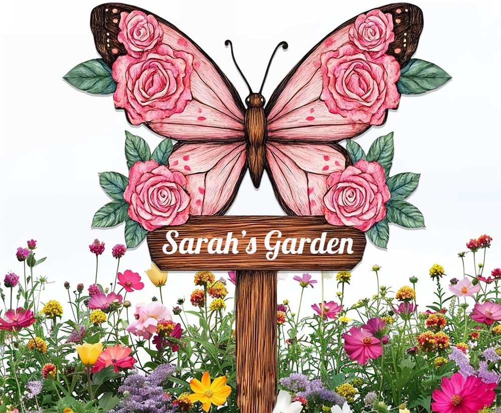 Personalized Butterfly Metal Sign with Stake,Custom Gardener Last Name Signs Outdoor Decorate,Customized Garden Accessories Decor for Mother's Day,Rose Flowers Plaques for Patio Lawn Porch Backyard