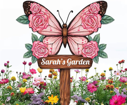 Personalized Butterfly Metal Sign with Stake,Custom Gardener Last Name Signs Outdoor Decorate,Customized Garden Accessories Decor for Mother's Day,Rose Flowers Plaques for Patio Lawn Porch Backyard
