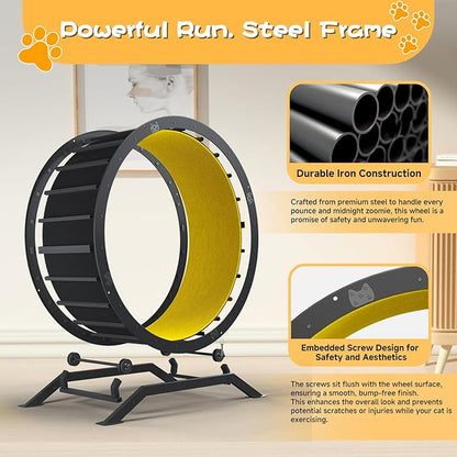 GTPLAYER Cat Wheels, Large Cat Exercise Wheel for Indoor Cats, 40"Diameter cat treadmill Detachable Carpet & Teaser, stickers, Ultra-quiet scroll wheel With latch, Suitable for Most Cats Metal, Yellow