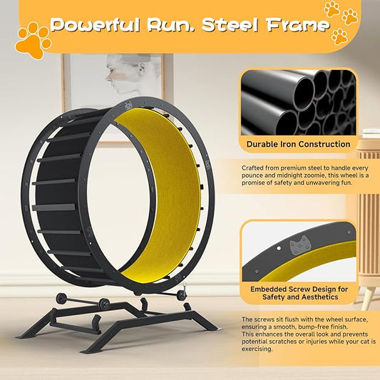 GTPLAYER Cat Wheels, Large Cat Exercise Wheel for Indoor Cats, 40"Diameter cat treadmill Detachable Carpet & Teaser, stickers, Ultra-quiet scroll wheel With latch, Suitable for Most Cats Metal, Yellow