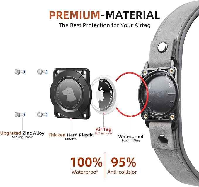 Leather AirTag Dog Collar, Waterproof Dog Collar with Air Tag Holder, Compatible with Apple Air Tag, Reflective, Durable, Comfortable Padded GPS Dogs Collars (Grey, L)