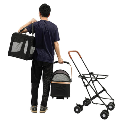 2-Layers Pet Stroller for 2 Cats/Dogs,Foldable Lightweight 77lbs Capacity Carrier, 4 Wheels, Removable Basket & Storage Pocket,for Small Pets (Black)