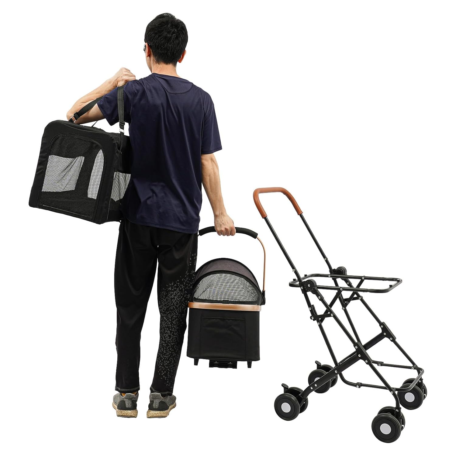 Double Pet Stroller for Dogs and Cats, Foldable Dog Stroller Travel Carriage with Detachable Carriers, Safety Belts, and 4 Lockable Wheels for Small to Medium Pets (Black) - Pawvie