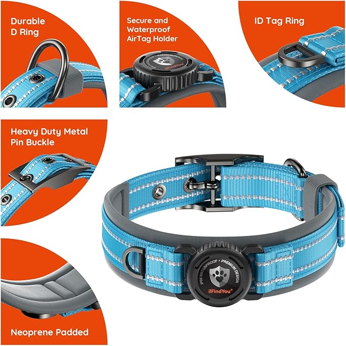 Upgraded AirTag Dog Collar with Holder, Waterproof Reflective Air Tag Dog Collar with Widened Comfortable Padding & Ultra-Durable Metal Buckle, Adjustable for Large Dogs (L, Blue)