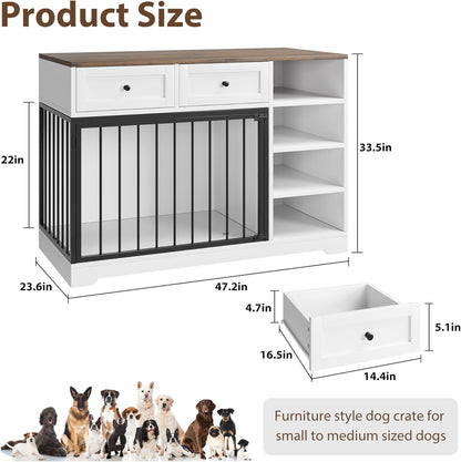 Dog Crate Furniture 47", Large Dog Crate TV Stand with 2 Drawers and 4 Shelves, Wooden Dog Kennel Indoor, Decorative Dog Cage with Storage for Large Dogs, White