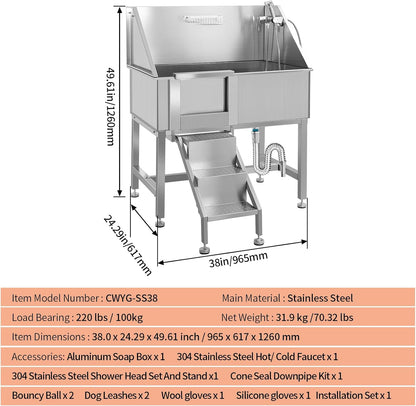 38 Inch Dog Bathing Station for Large Dogs, Stainless Steel Dog Pet Washing Station, Professional Dog Grooming Tub, Pet Wash Bath Station,Left Door