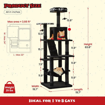 MWPO Gothic Cat Tree for Indoor Cats, 63.8 Inches Multi-Level Cat Tower with Sisal-Covered Scratching Posts, Padded Platform, Hammock, Dangling Toys, Stable Cat Condo Pet Play House, Black